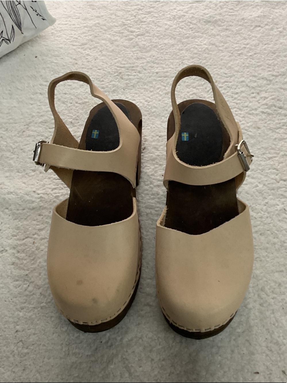 Beige Leather Slingback Clogs with Adjustable Buckle